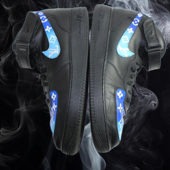 Nike AF1 Leather Custom Hand Painted Blue On Black Louis Vuitton Logo, Size 13 - Picture 6 of 9